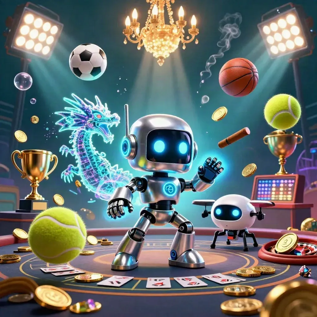 Cyberpunk robot, AI dragon and drone amid casino luxuries, coins, trophy, underwater glow.
