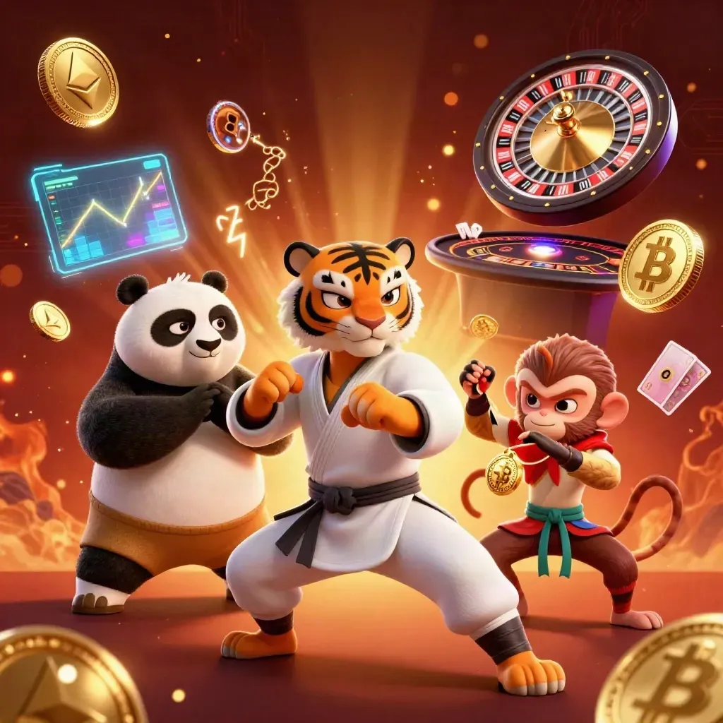 Tiger, panda, and monkey amid casino symbols, neon coins, and dramatic cinematic glow.