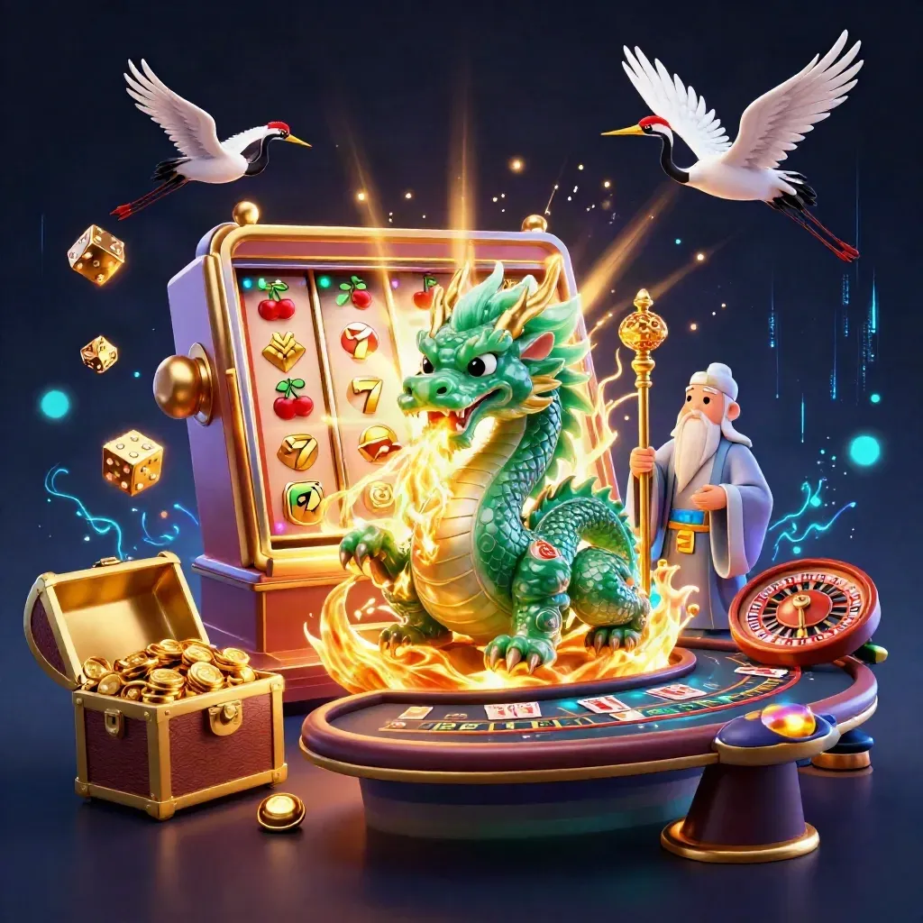 Jade dragon, turtle sage, and cranes amid casino riches, slot bursts, and neon energy