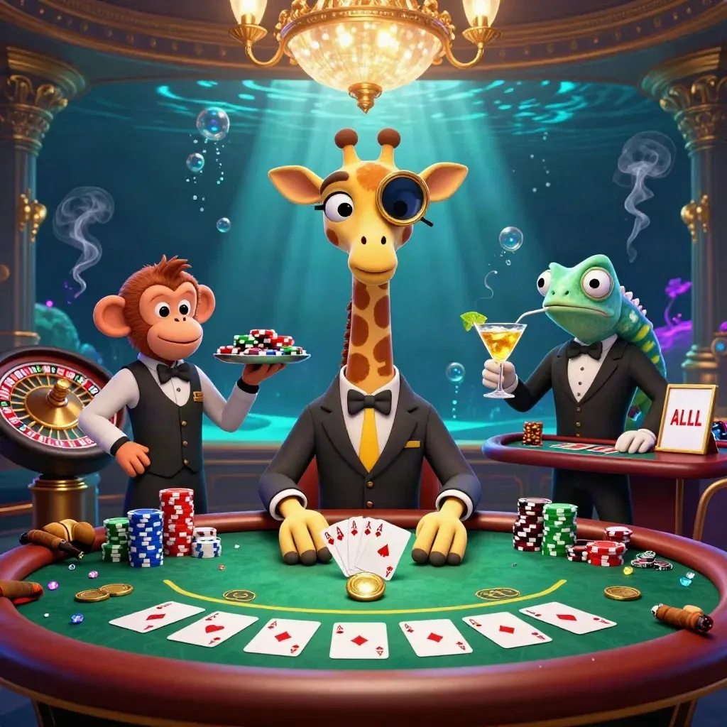 Giraffe high roller, monkey valet, and chameleon bartender in neon casino luxury with underwater glow.