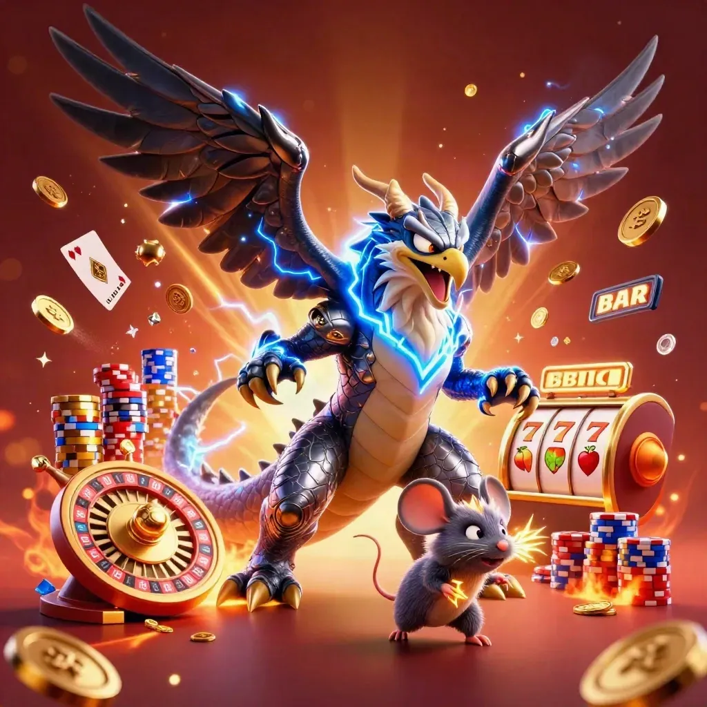 Thunder dragon, hawk, and mouse amid coins, gems, roulette wheel, chips, and neon casino glow.