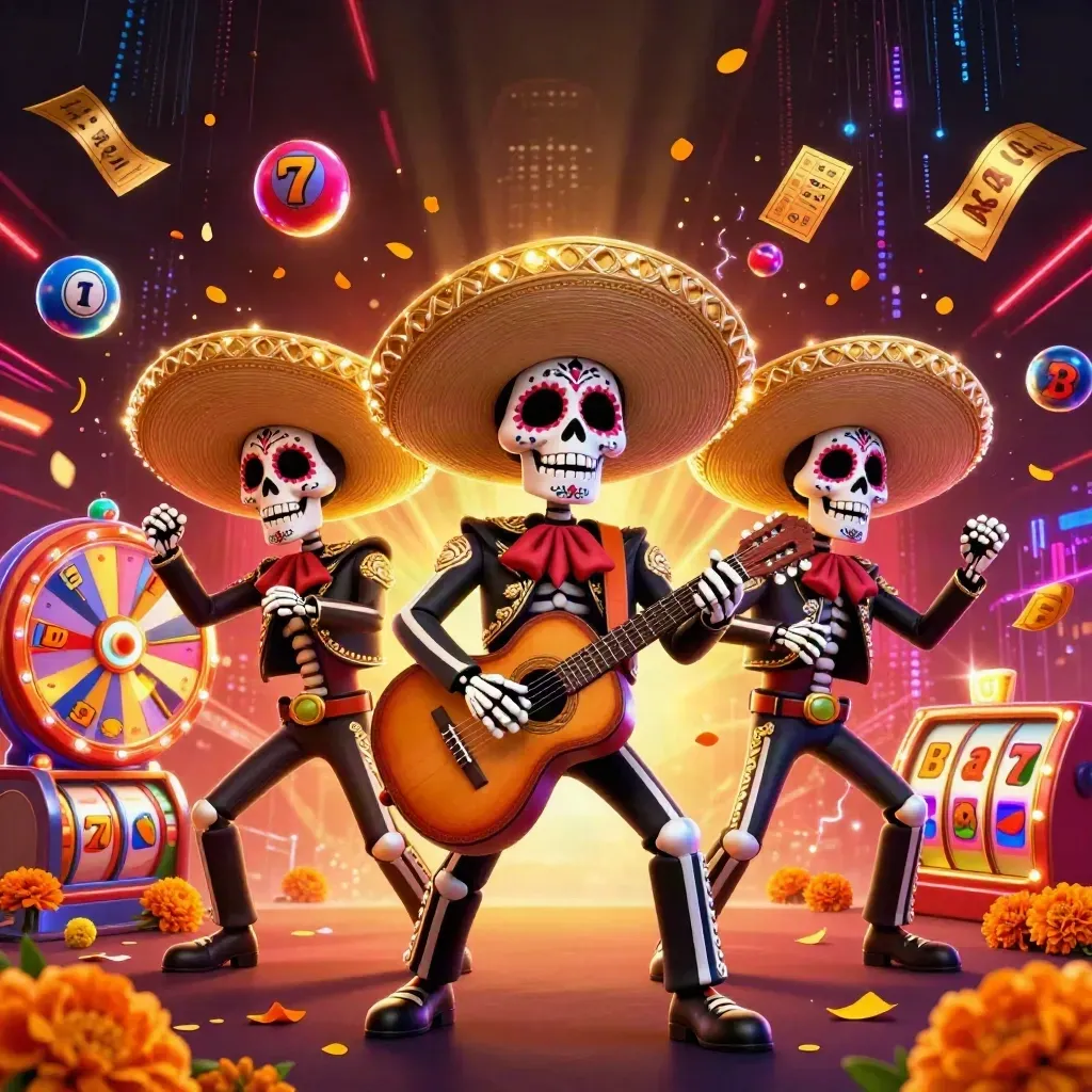 Three skeleton mariachi players amid neon casino chaos, yellow glow, lottery balls, wheel, tickets, skyline