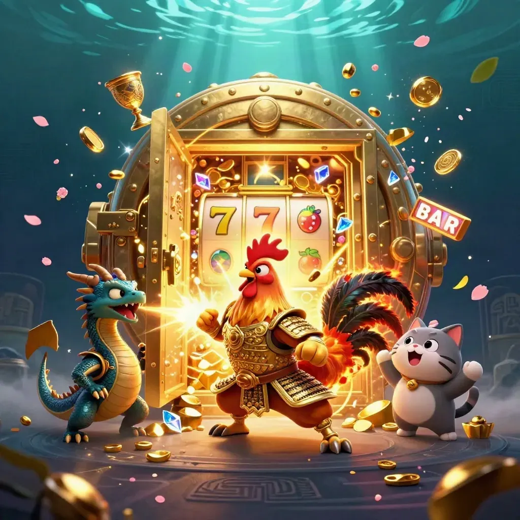 Rooster samurai, spark-breathing hatchling, and fortune-cat amid a bursting gold vault