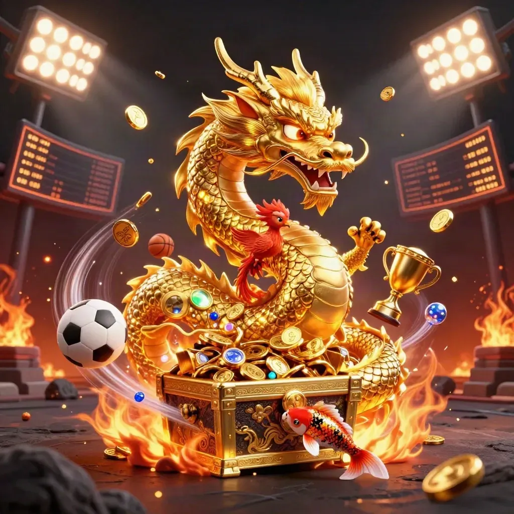 Golden dragon with phoenix and koi bursts from treasure amid sports balls, coins, firelight