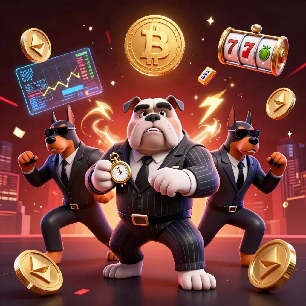 Bulldog mob boss with two Dobermans amid casino coins, lightning, and neon effects.