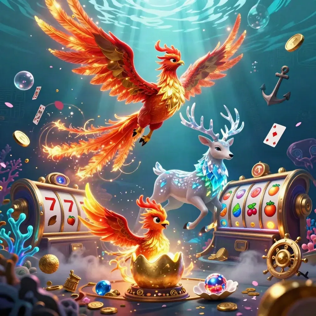 Fire phoenix, hatching chick and crystal-antler stag amid gold coins and neon treasure underwater
