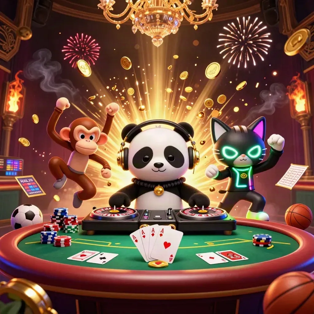 DJ panda, breakdancing monkey, and glow-kitten amid casino loot, fireworks, and chips.