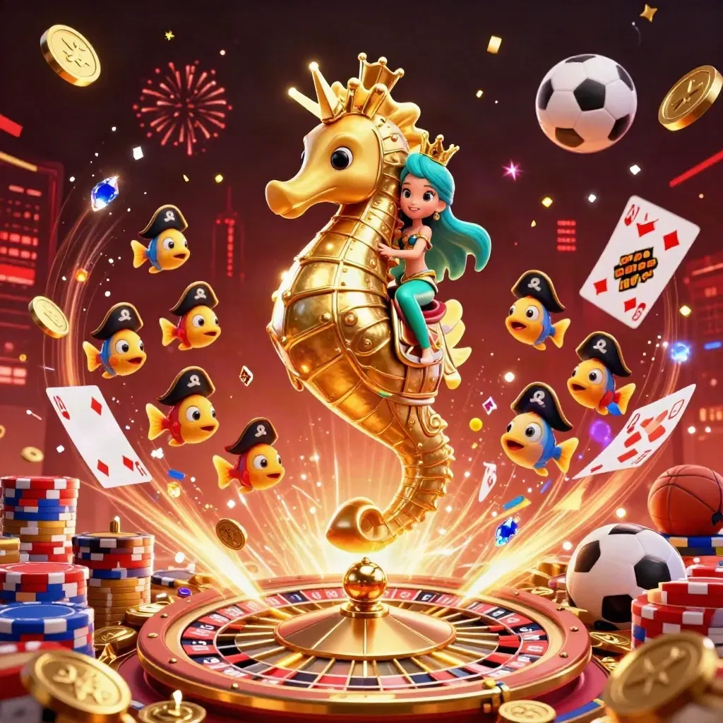 Mermaid princess on armored seahorse amid coins, cards, chips, fireworks, and casino energy.