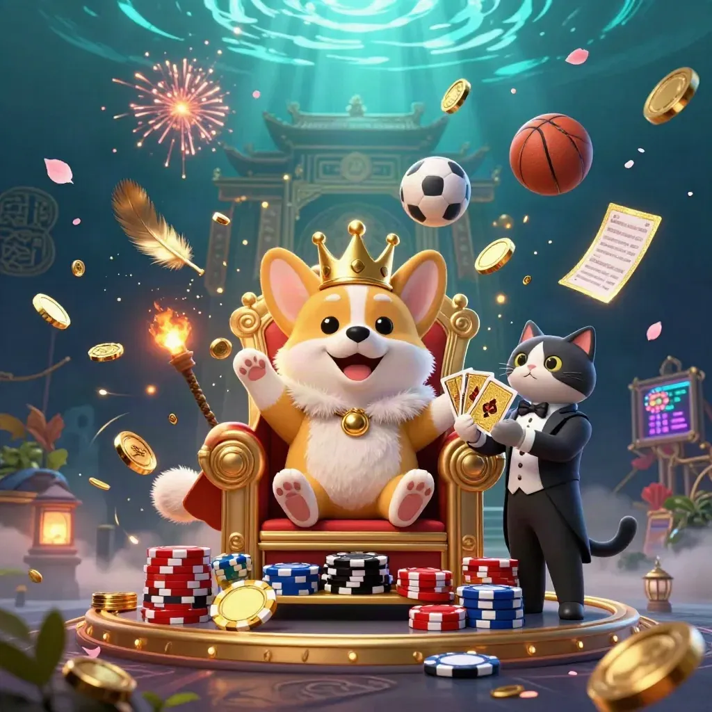 Royal corgi and cat butler amid gold coins, fireworks, temple gate, and casino energy