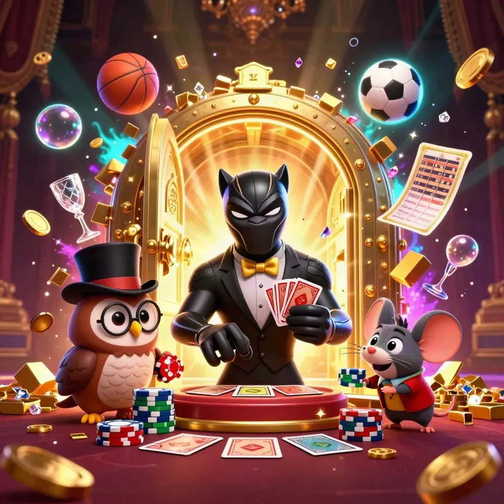 Panther, owl, and mouse celebrate around an open vault with coins, gems, and casino sports icons.