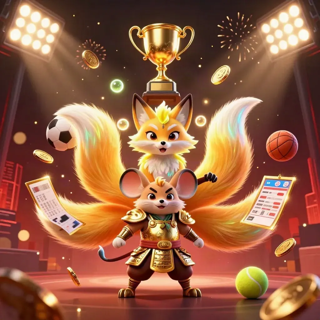 Neon fox spirit and golden mouse amid coins, trophy, sports balls, fireworks, and dark red glow.