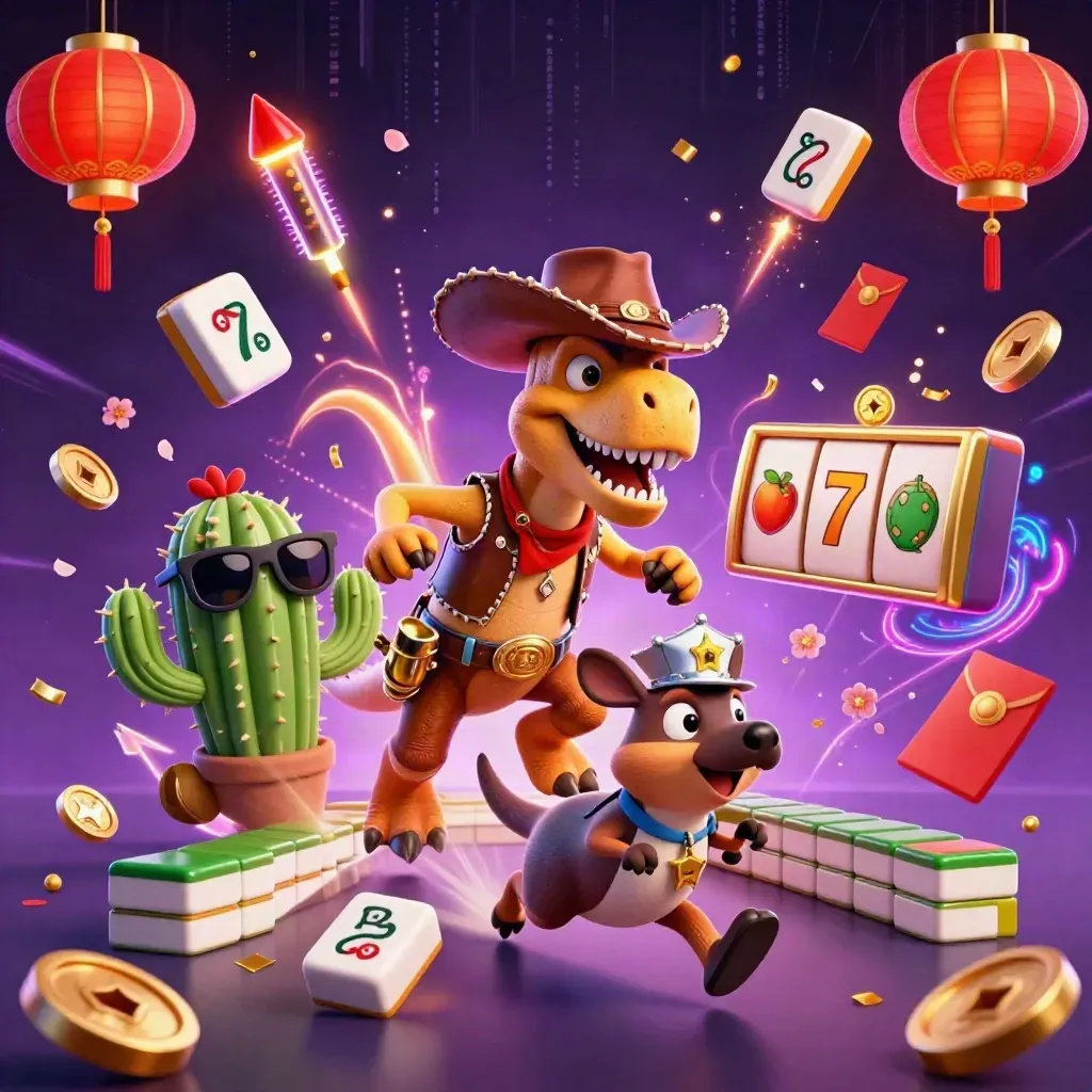Cowboy T-Rex, cactus sidekick, and roadrunner amid casino icons and neon energy.