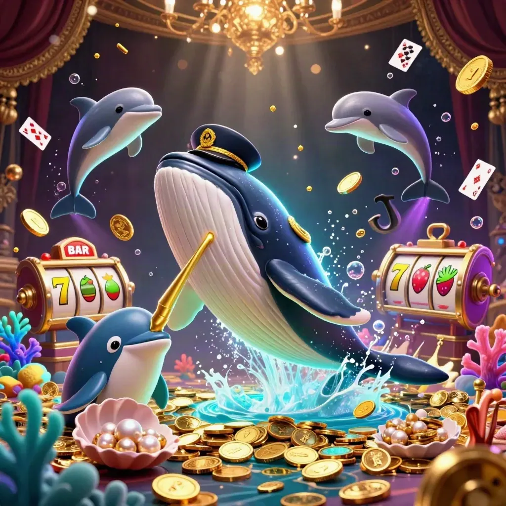 Whale captain, narwhal and dolphins burst through coins and treasure in a neon casino cove.