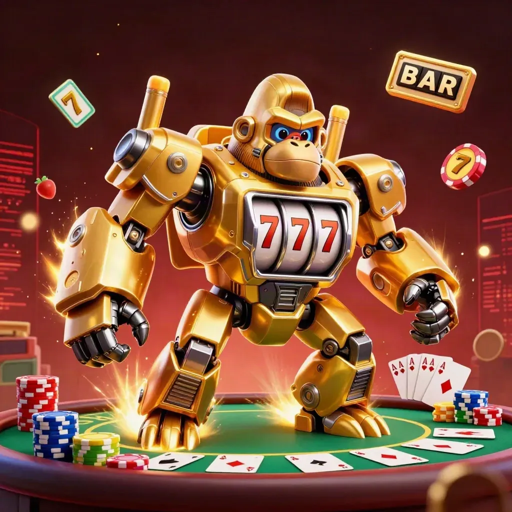 Golden gorilla slot-mech with poker chips, cards, and glowing casino lights on dark red backdrop.