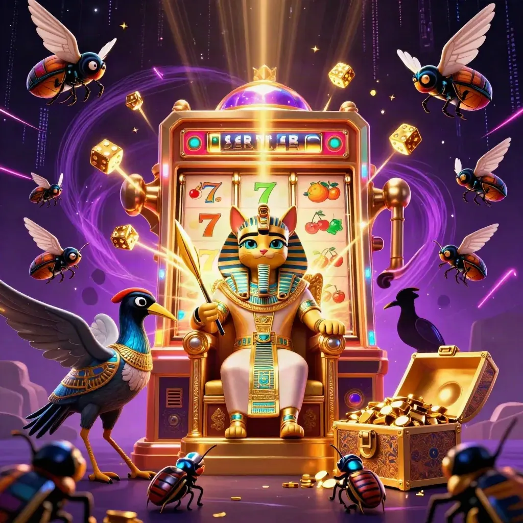 Pharaoh cat, ibis scribe and gem-wing scarabs amid a bursting slot machine and gold treasure