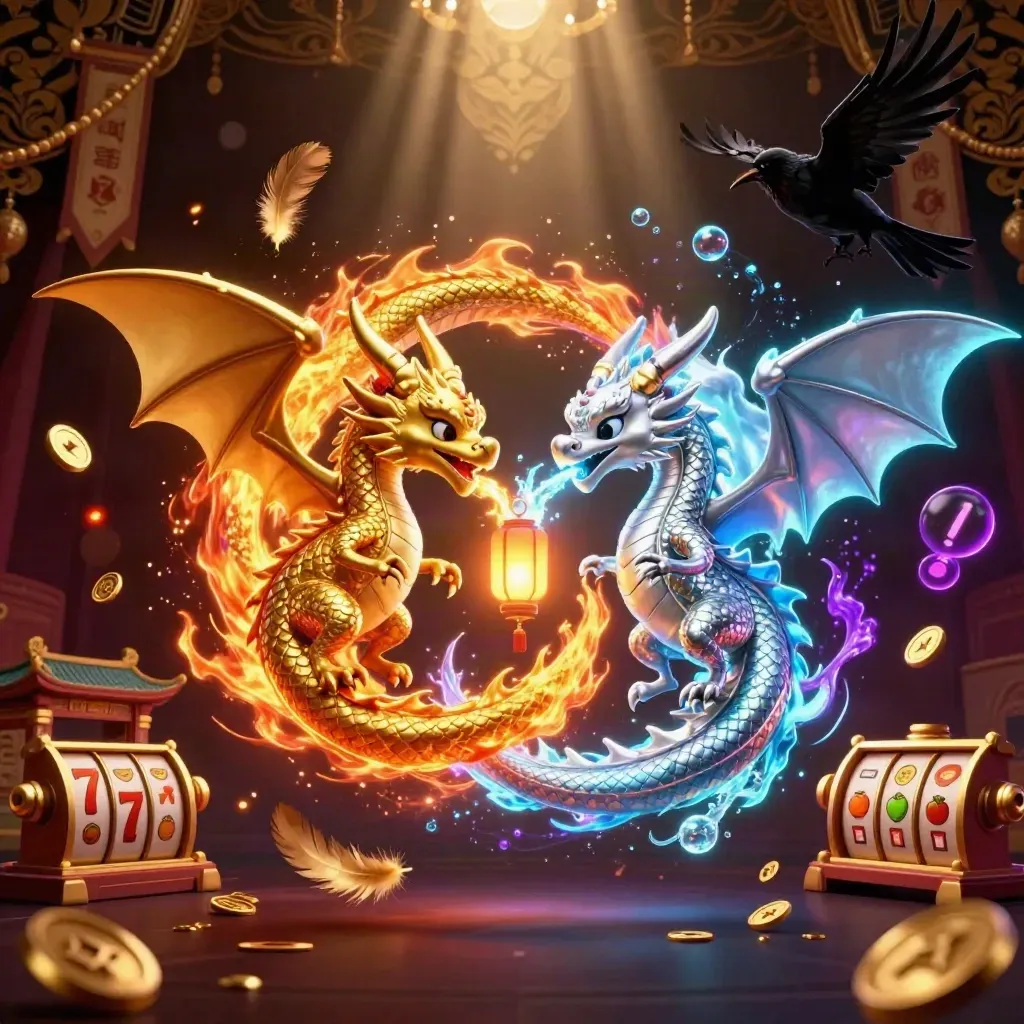 Twin gold and silver dragons spiral through a dark casino sky with fire, ice, coins, and slot symbols.