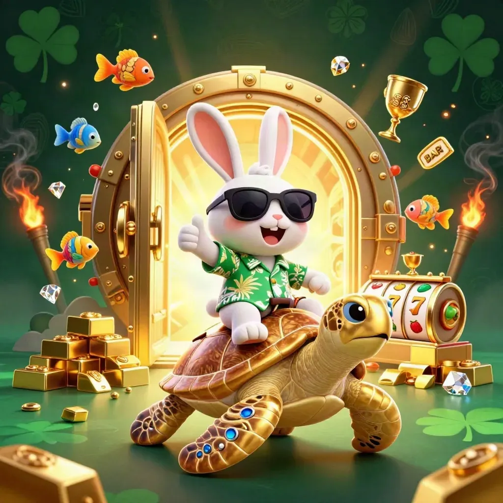Rabbit on golden sea turtle amid casino loot, glowing vault, fish, reels, and emerald-black casino light.