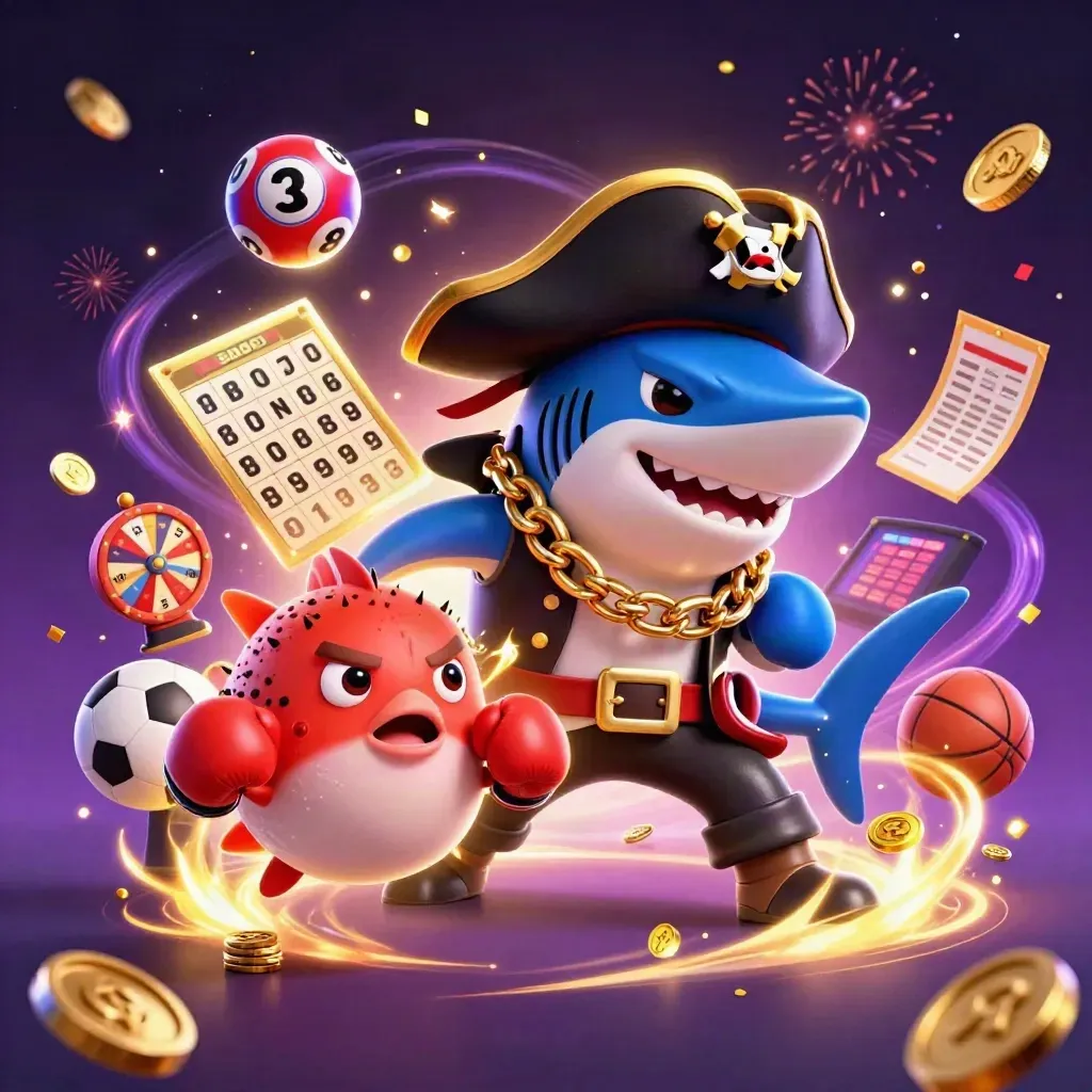 Pirate shark, boxing pufferfish, and coin-juggling octopus amid neon casino props and fireworks