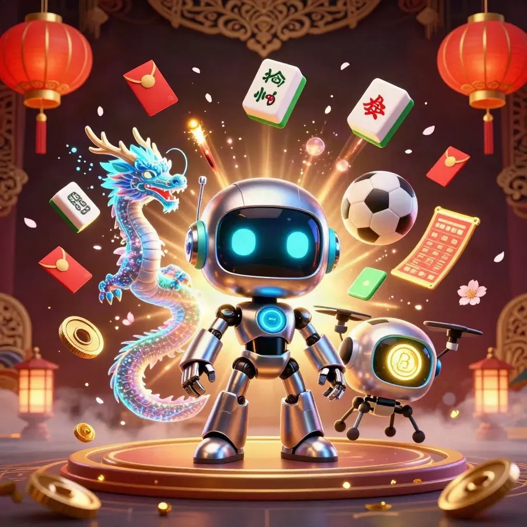 Cyberpunk robot, holographic dragon and coin drone amid casino icons and gold sparks.