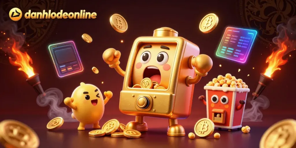 Experience excitement with danhlodeonline's golden slot machine hitting the jackpot in a vibrant casino illustration.
