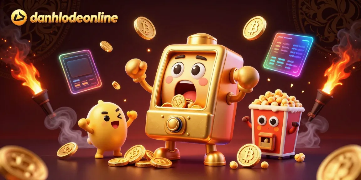 Experience excitement with danhlodeonline's golden slot machine hitting the jackpot in a vibrant casino illustration.