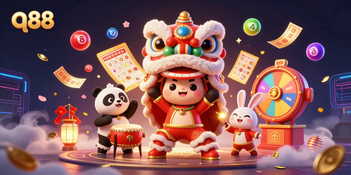 Experience the excitement of q88 with a vibrant 3D illustration of a lion dance and colorful lottery elements.