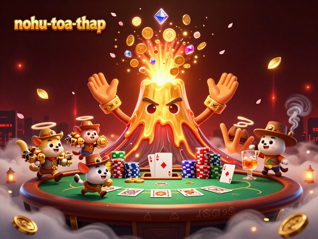 Experience the excitement of nohu-toa-thap as golden treasures erupt from a volcano with lively characters.