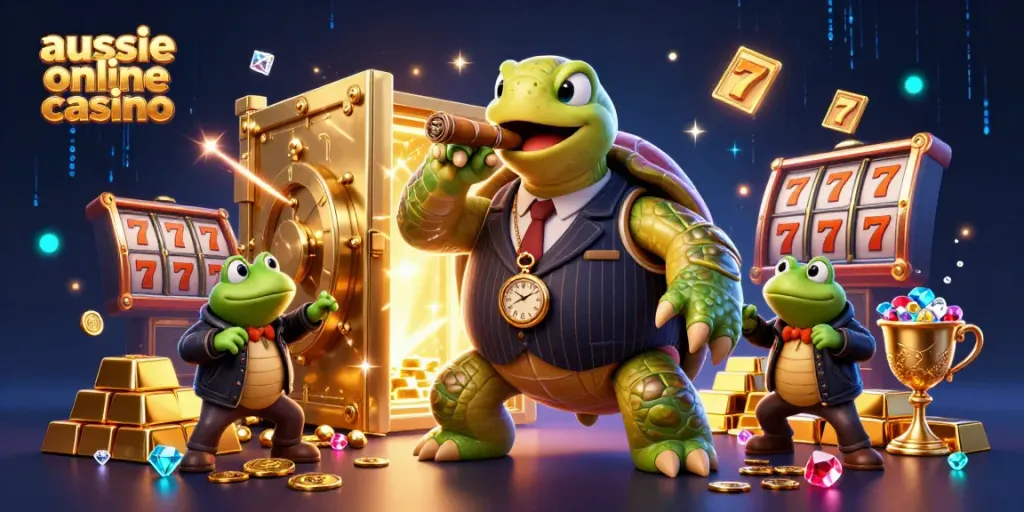 Engage with aussie online casino excitement featuring a snapping turtle mobster and bullfrog enforcers.