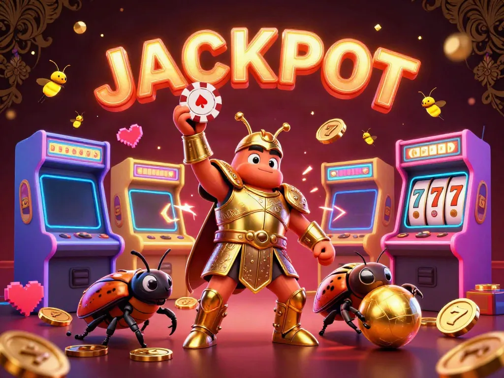 Experience thrilling slot action with a victorious beetle and colorful casino game elements.