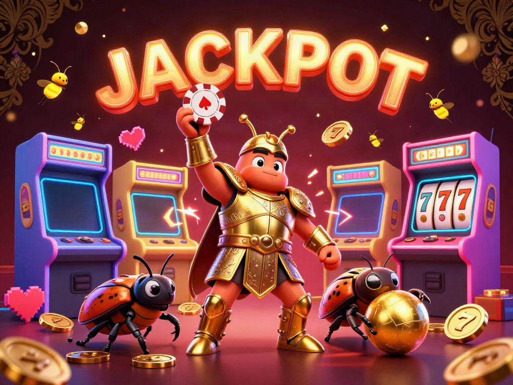 Experience thrilling slot action with a victorious beetle and colorful casino game elements.