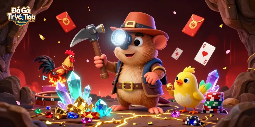 Engage in Đá Gà Trực Tiếp Thomo competitions with a vibrant 3D illustration featuring a treasure hunter and canary in a dynamic gambling scene.
