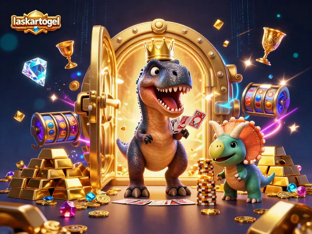 laskartogel T-Rex shuffling cards with a golden crown, vibrant gambling scene