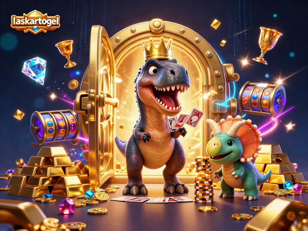 laskartogel T-Rex shuffling cards with a golden crown, vibrant gambling scene