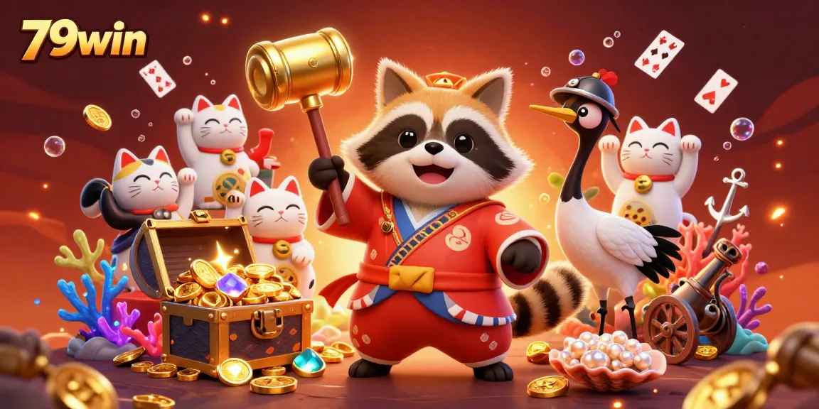 Engaging and vibrant scene featuring 79win with playful tanuki and fortune cats amid treasure for dynamic online gaming.