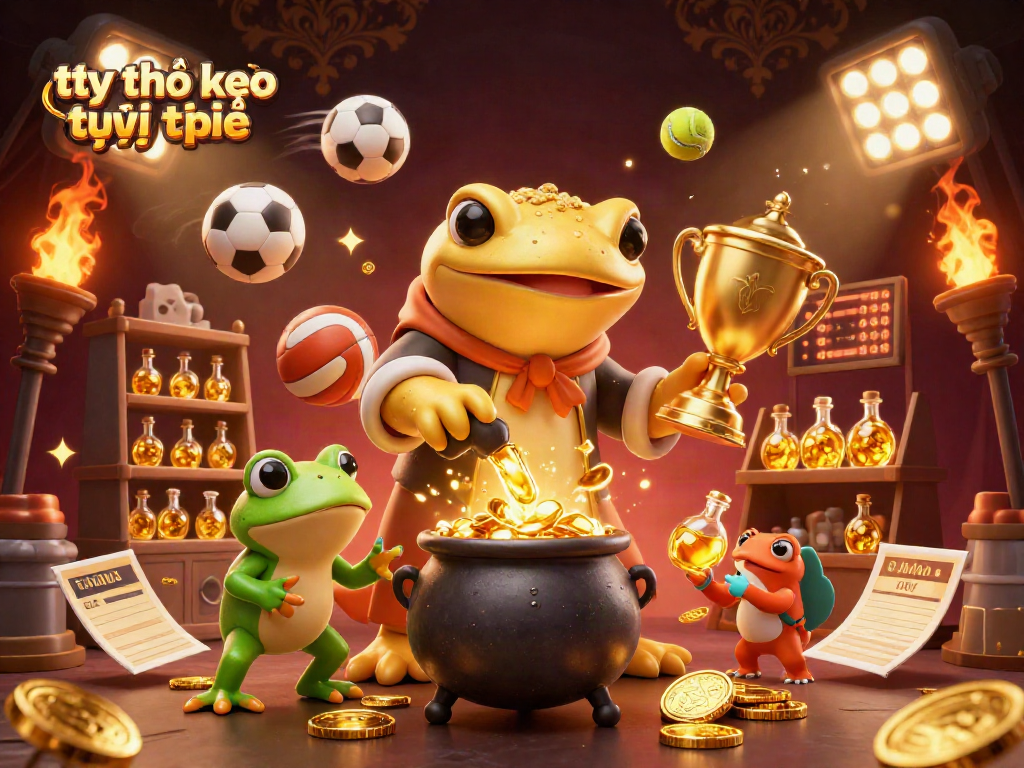 Bettors analyzing tỷ lệ kèo trực tuyến amidst 3D sports-themed elements and vibrant casino motifs