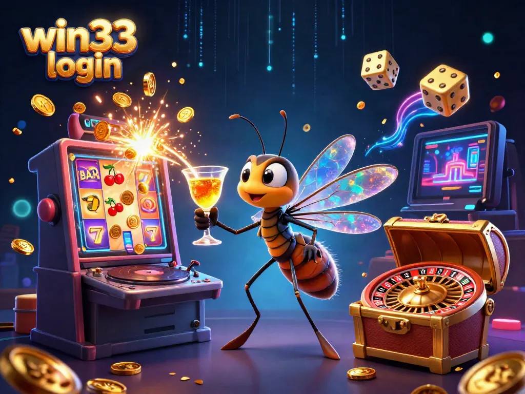 Exciting win33 login scene with an amber mosquito mascot, trilobite DJ, and treasure-filled slots.