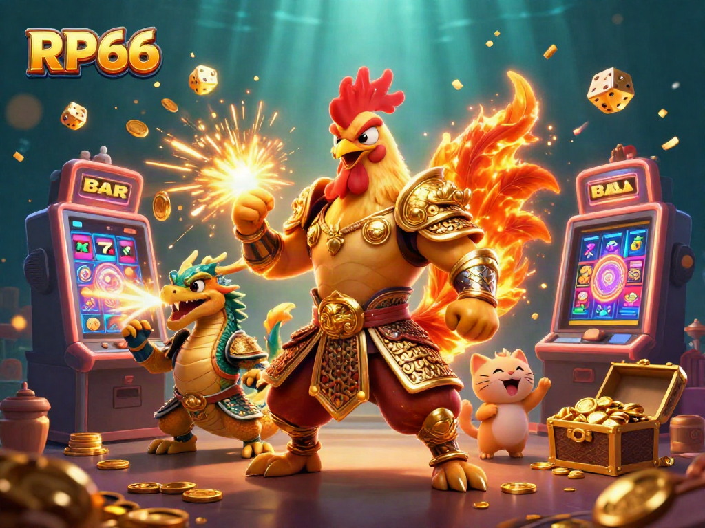Experience the thrill of RP66 with a vibrant scene showcasing a rooster warrior, dragon hatchling, and jackpot explosion!