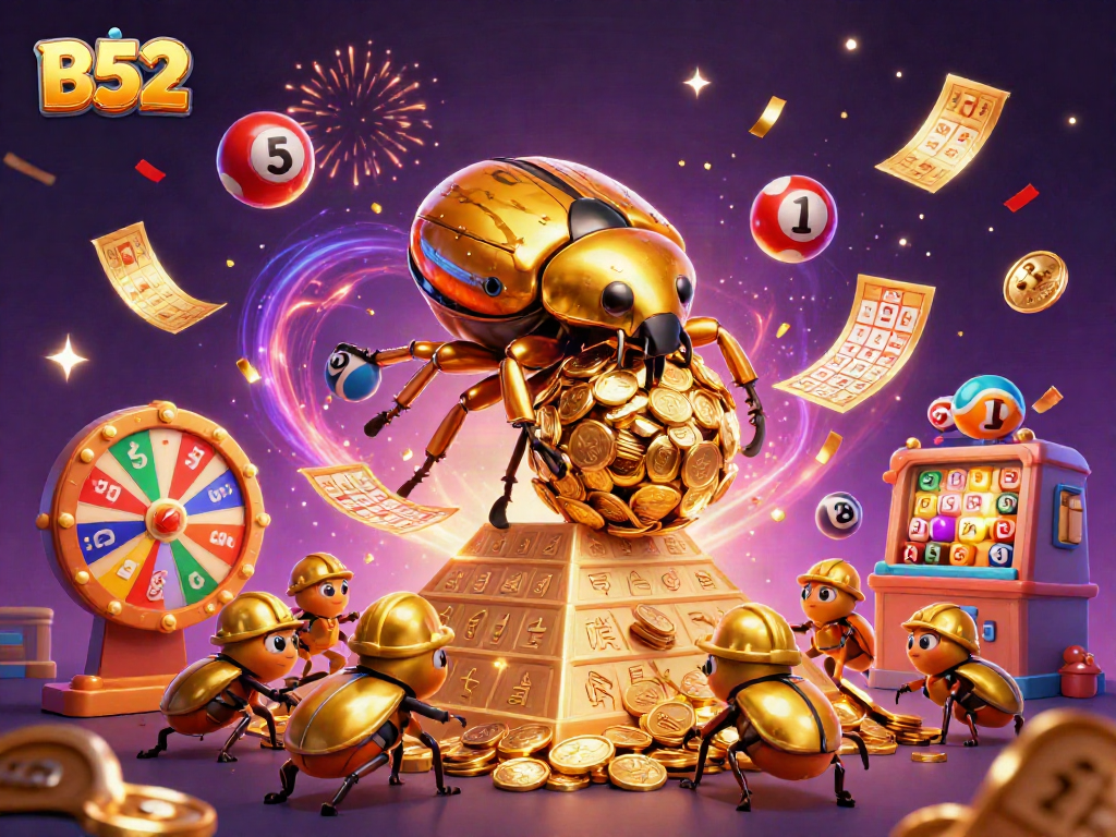 B52 players winning with a massive golden dung beetle at a vibrant casino scene.