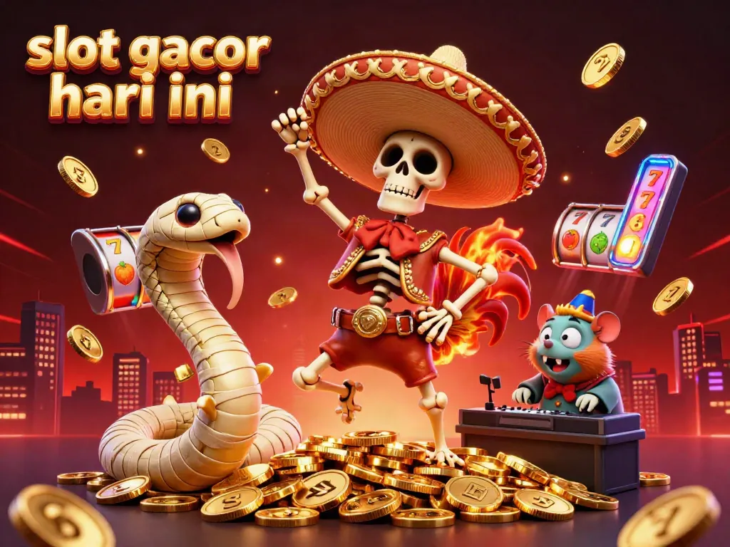 Experience the thrill of 'slot gacor hari ini' with vibrant casino characters dancing on golden coins and dynamic slot reels.