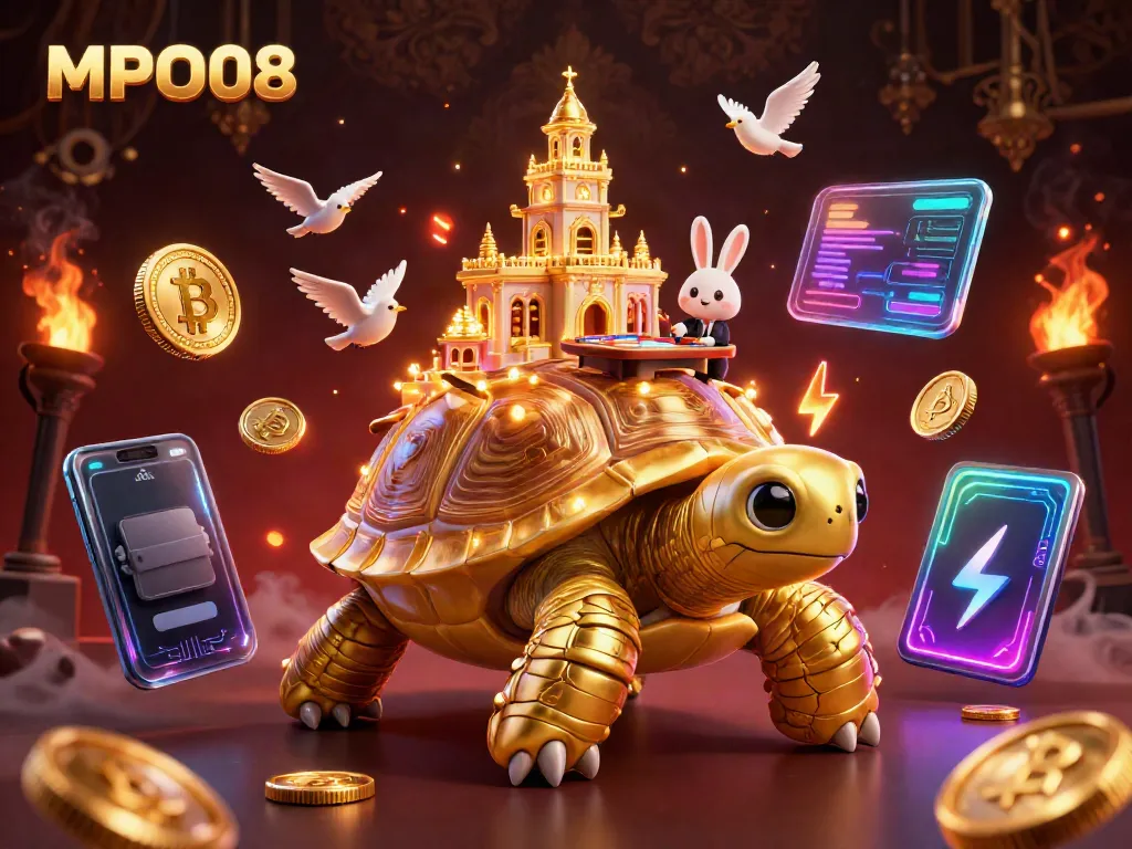 Engage with MPO08's vibrant casino scene featuring a golden tortoise with a card table.