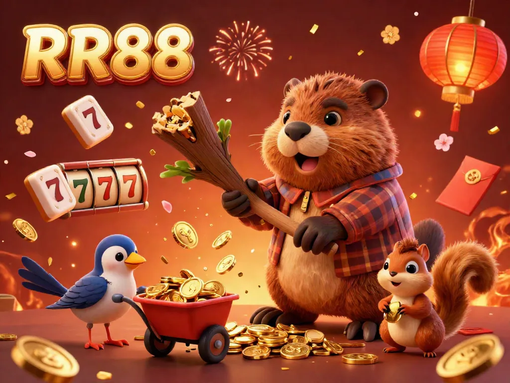 Experience winning at RR88 with vibrant casino action featuring a beaver, collecting gold coins amidst slot reels.