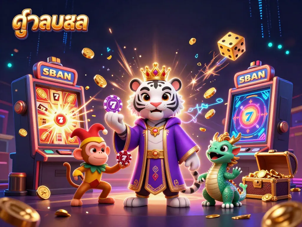 Engaging scene of ดูบอลสด featuring a white tiger, monkey, and dragon amidst a vibrant casino setting.