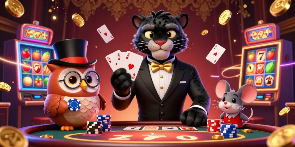 Engaging 3D scene of luxury12 featuring a black panther dealer and casino games, showcasing elegance and excitement.
