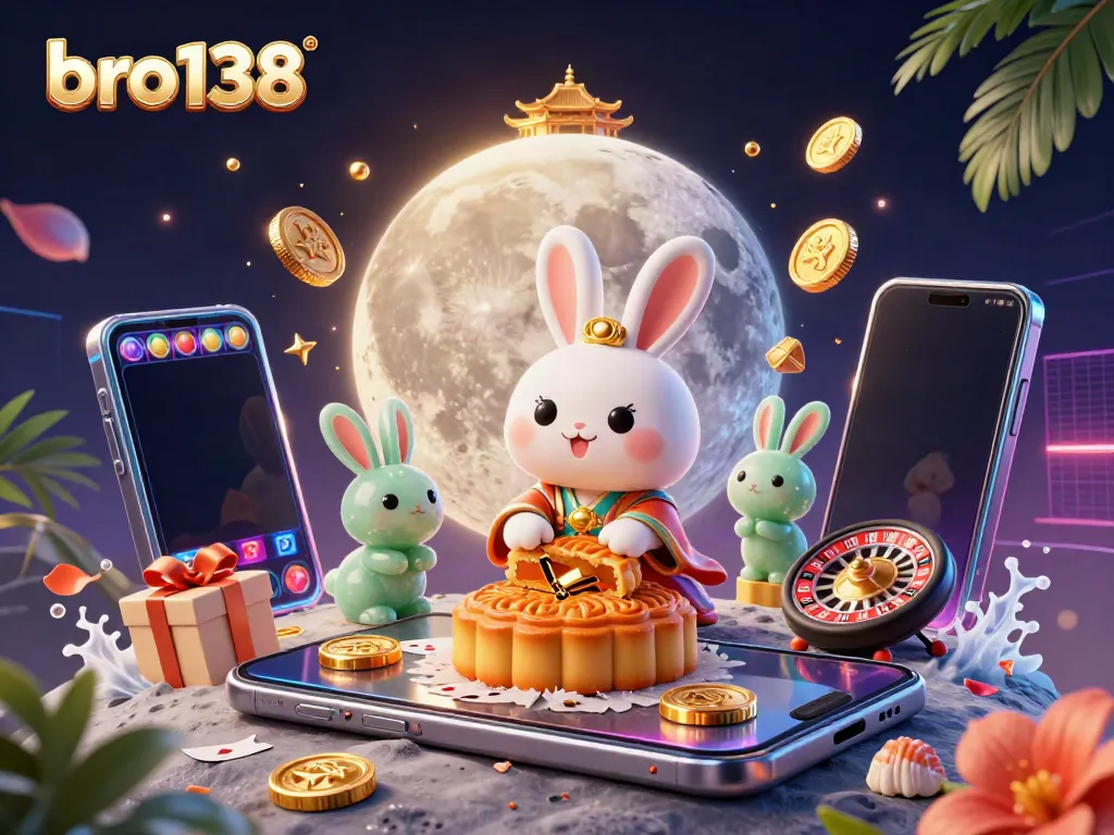 Experience the thrill of winning on bro138 with golden moon cakes revealing poker chips amidst dynamic gaming elements.