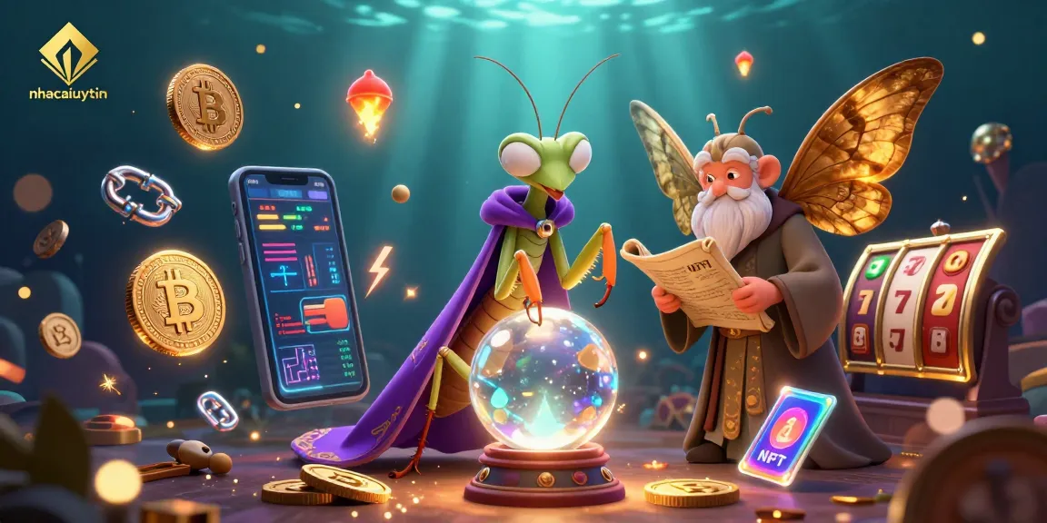 Engage with nhacaiuytin's 3D rendering of fortune tellers among glowing crypto while celebrating casino excitement.