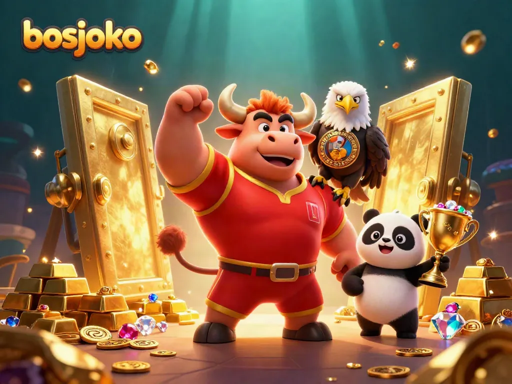Experience the thrill of gaming at bosjoko with a victorious bull mascot, eagle, and panda among treasure