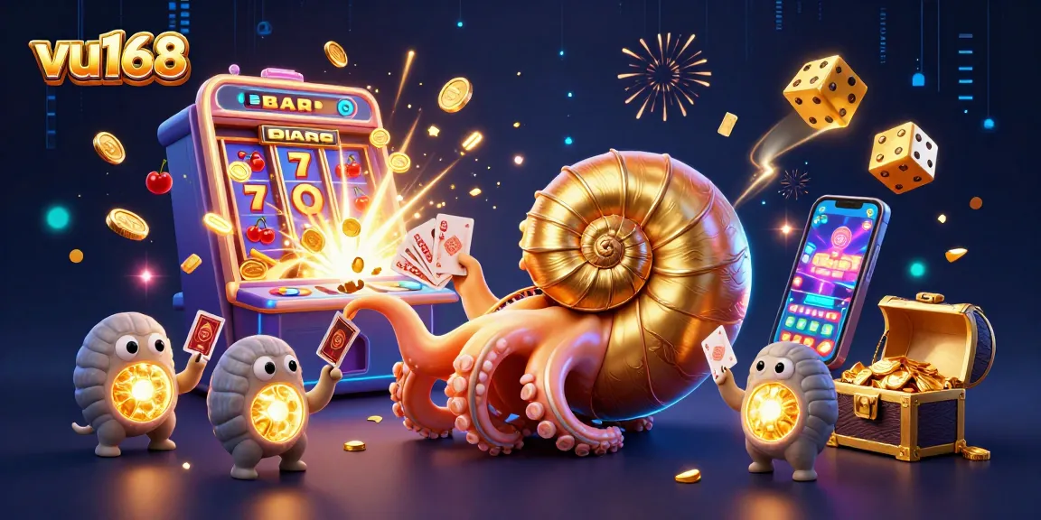 Play exciting casino games with vu168 featuring a giant nautilus roulette wheel surrounded by vibrant slot machines and dynamic cards.