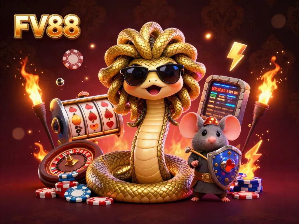 Engage with FV88 through a vibrant 3D casino illustration packed with dynamic elements and characters.