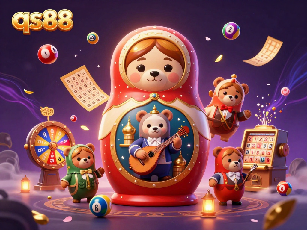 Engage with qs88 lottery thrills, featuring a colorful scene of bears and gaming elements.