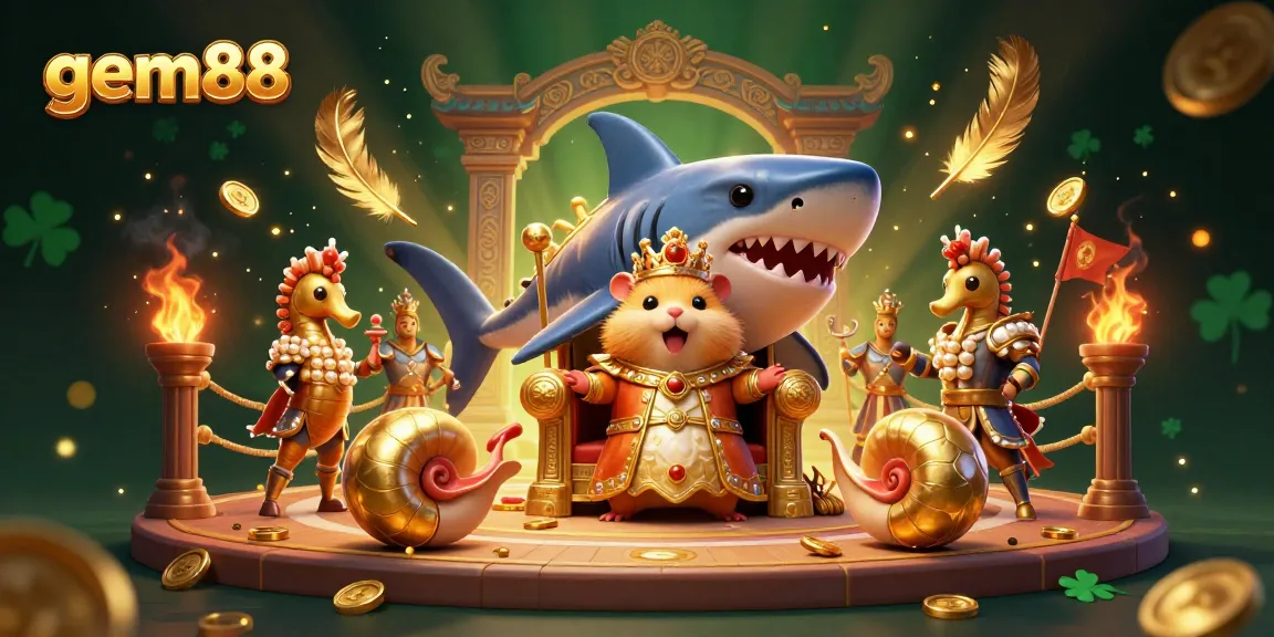 Experience gem88's thrilling casino charm with a golden hamster king and seahorse guards in a vibrant scene.